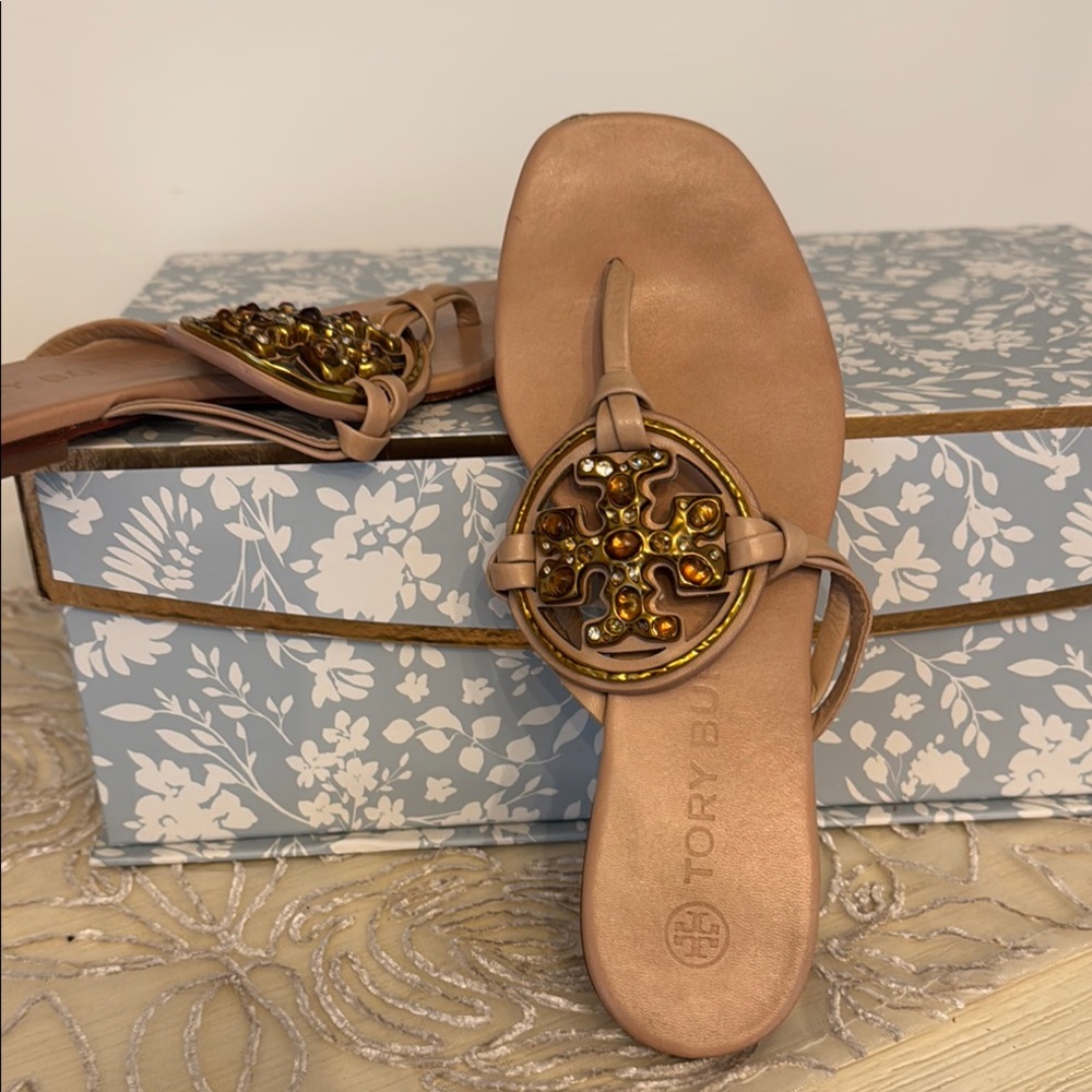 Tory Burch  MillerGold Tan Sandals with Medallion jewels - Picture 9 of 13